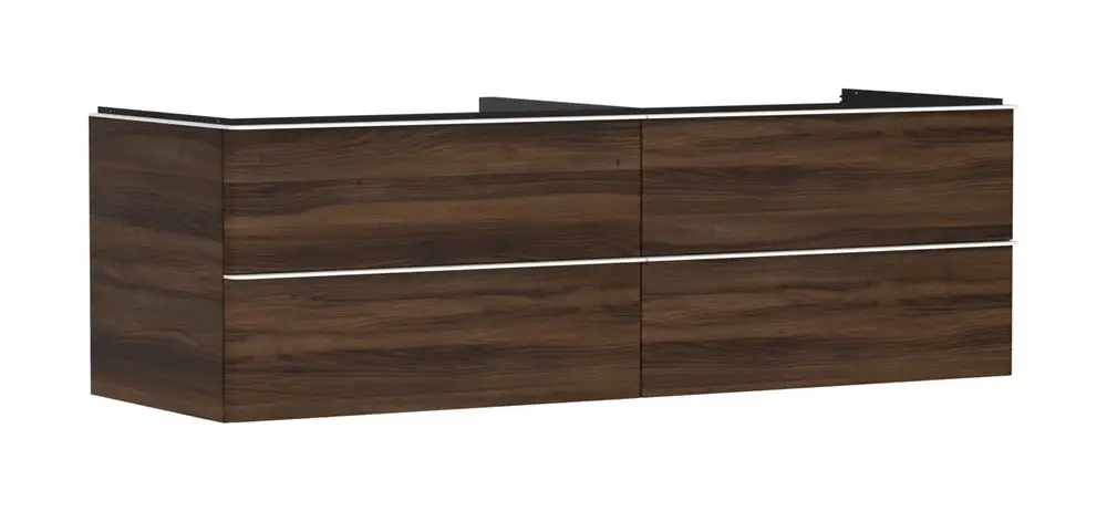 Waschtischunterschrank in dunklem Holzdesign mit vier Schubkästen. Markenname: Hansgrohe. Geeignet für Konsolen-Aufsatzwaschtisch.